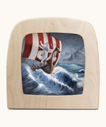 Toverlux vikign ship silhouette by Berit Strasser a oil pastel style of a viking ship and the ocean. Shows silhouette in a wooden frame