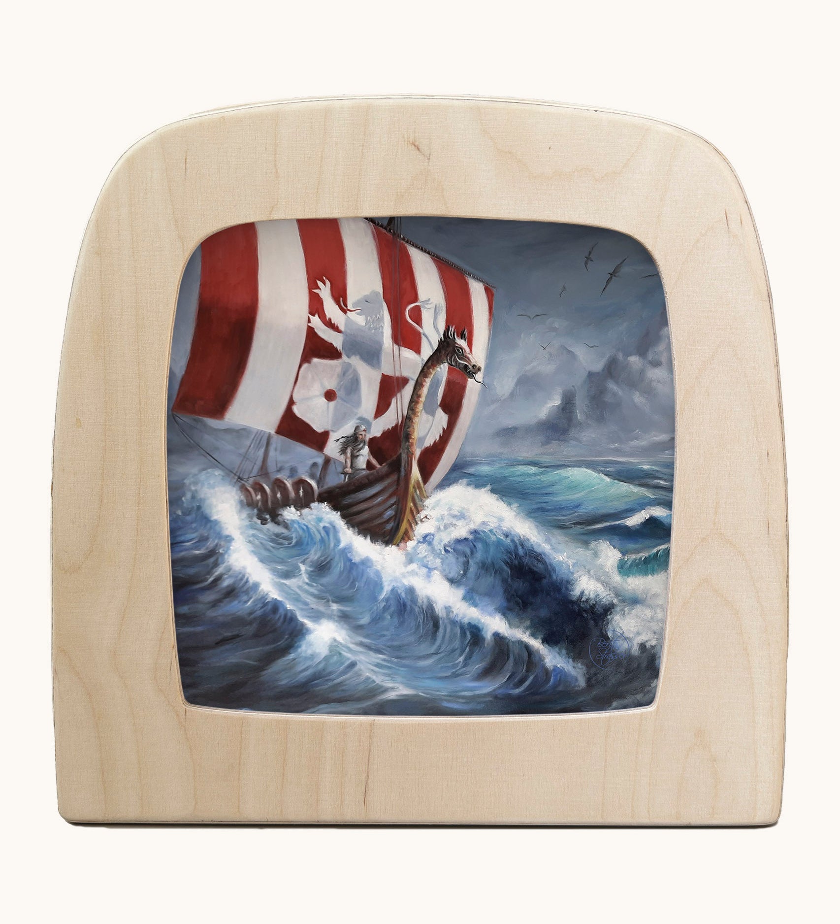 Toverlux vikign ship silhouette by Berit Strasser a oil pastel style of a viking ship and the ocean. Shows silhouette in a wooden frame