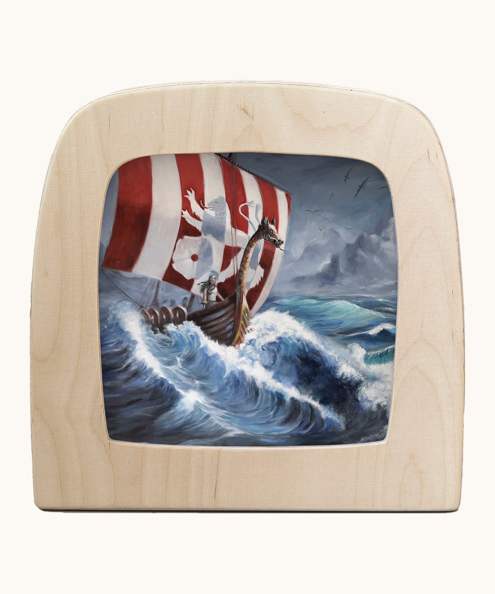 Toverlux vikign ship silhouette by Berit Strasser a oil pastel style of a viking ship and the ocean. Shows silhouette in a wooden frame