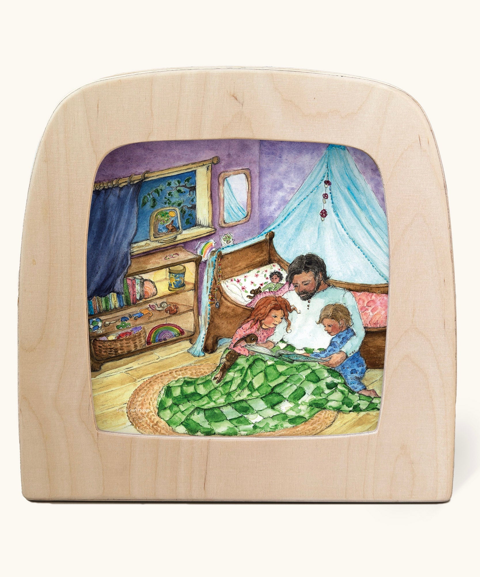 Toverlux Magic Lamp Silhouette - with betime story Artwork By Eentje Van Margo. A father reading a book to two young children.