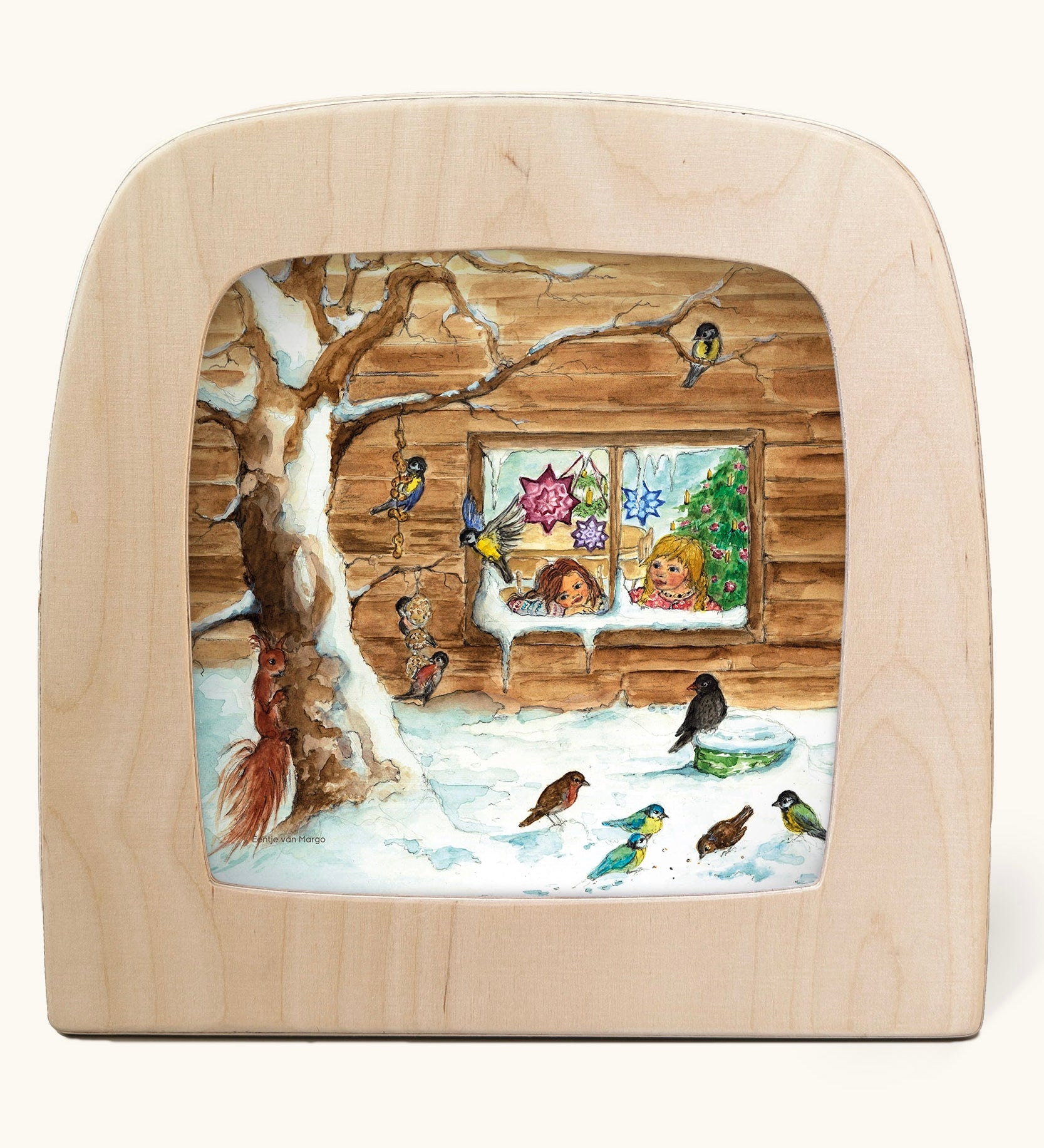 Toverlux Magic Lamp Silhouette - with Winter bird watching snow Artwork By Eentje Van Margo. A snow covered scene featuring birds feeding on a tree whilst small children look on from a window in the background.