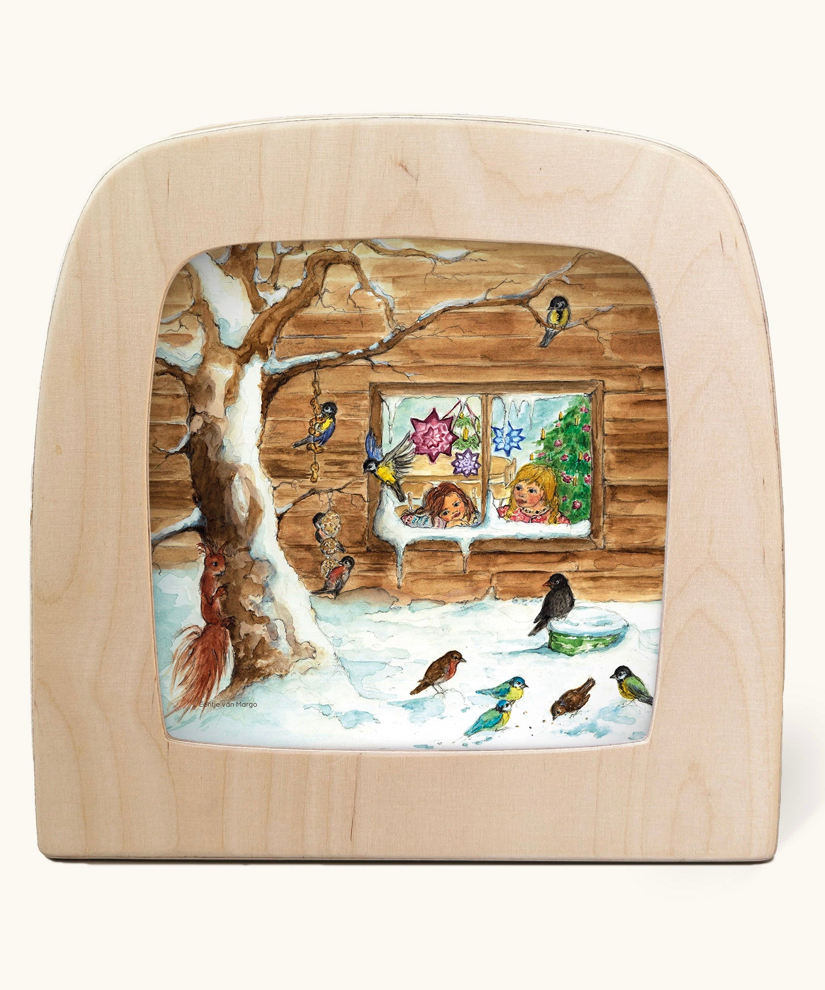 Toverlux Magic Lamp Silhouette - with Winter bird watching snow Artwork By Eentje Van Margo. A snow covered scene featuring birds feeding on a tree whilst small children look on from a window in the background.
