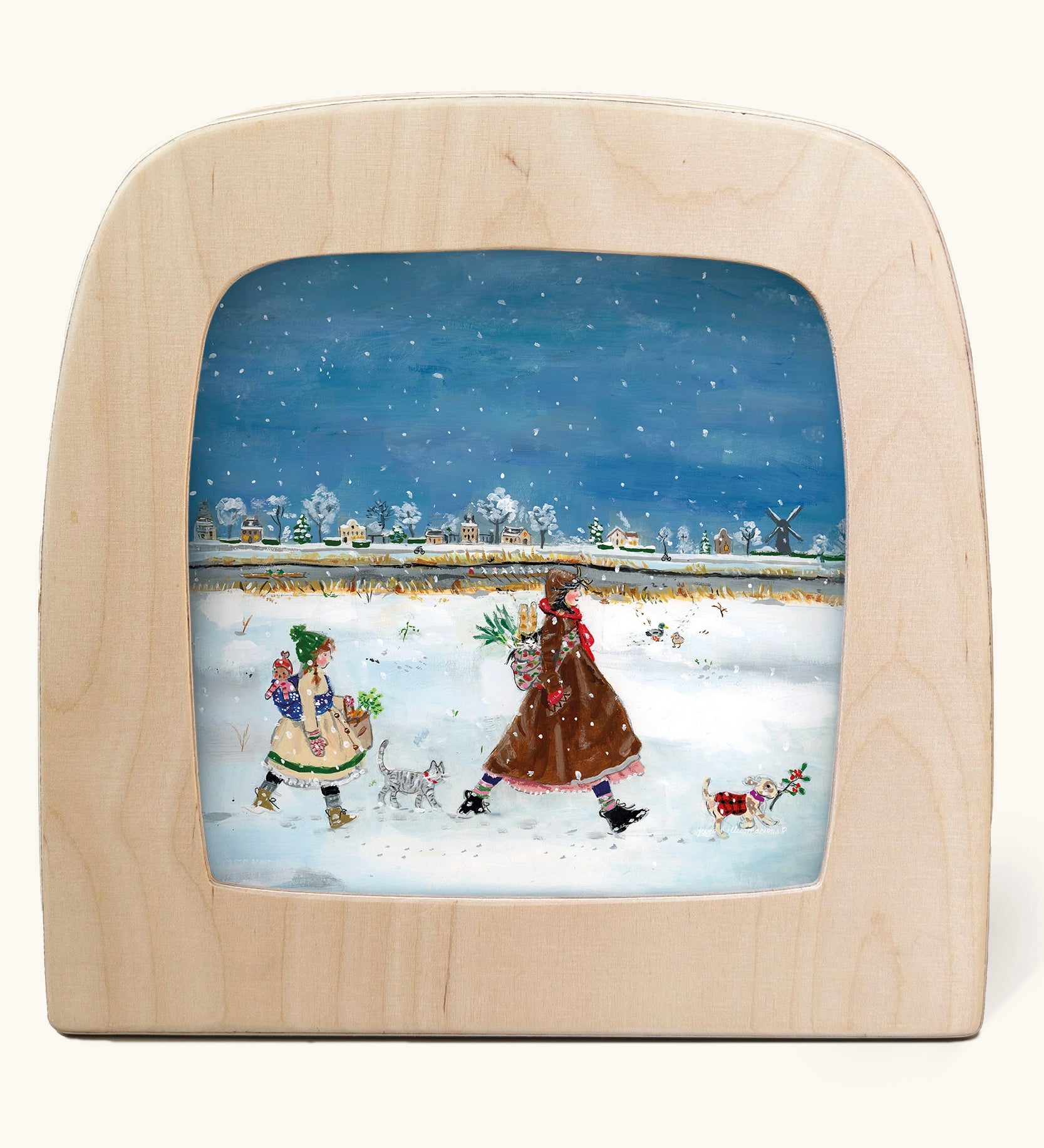 Toverlux Winter Snow Stroll Magic Lamp silhouette by artist Gwen van Knippenberg. A watercolour and pencil style illustration of a woman and child walking on a snow covered surface.