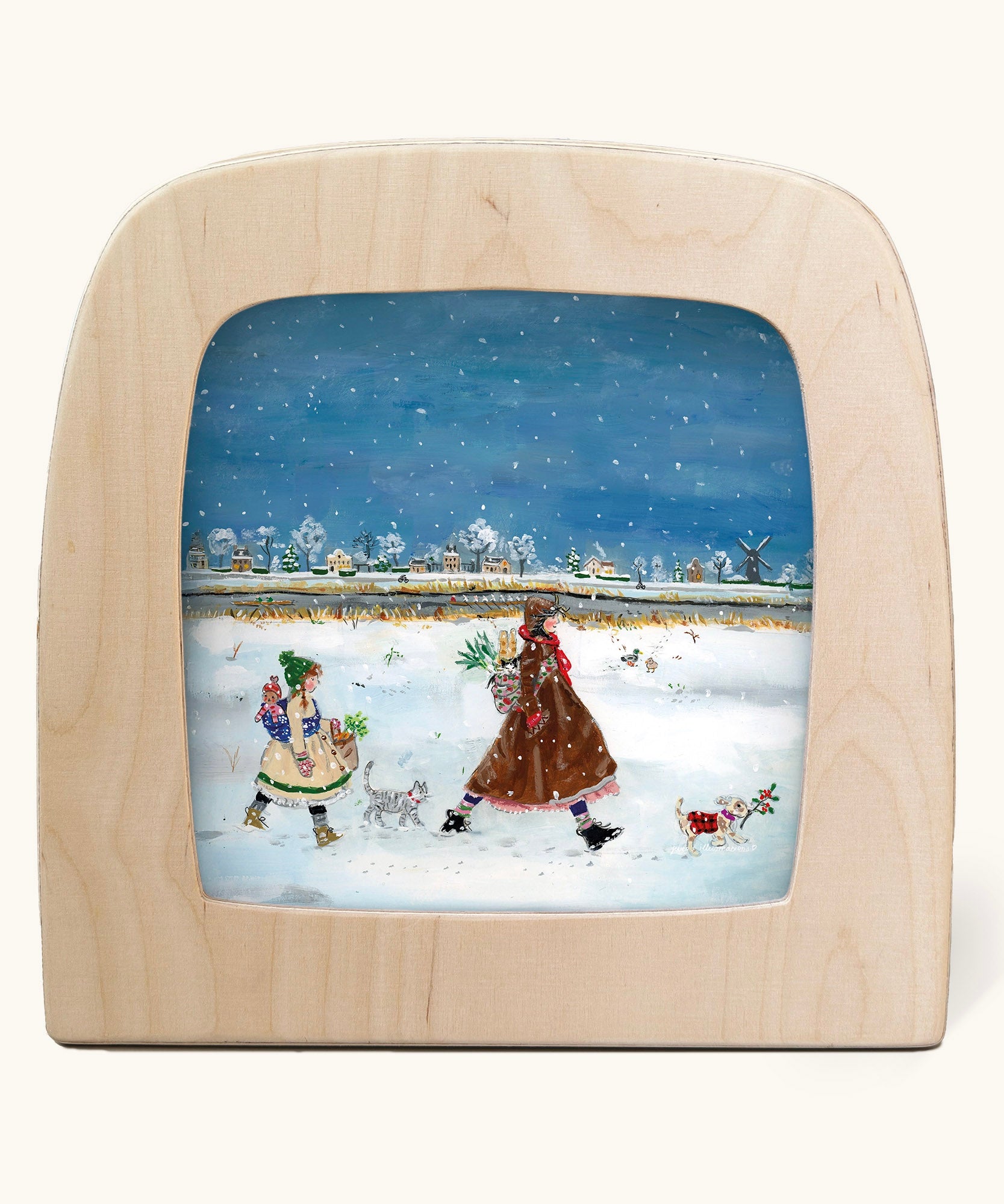 Toverlux Winter Snow Stroll Magic Lamp silhouette by artist Gwen van Knippenberg. A watercolour and pencil style illustration of a woman and child walking on a snow covered surface.