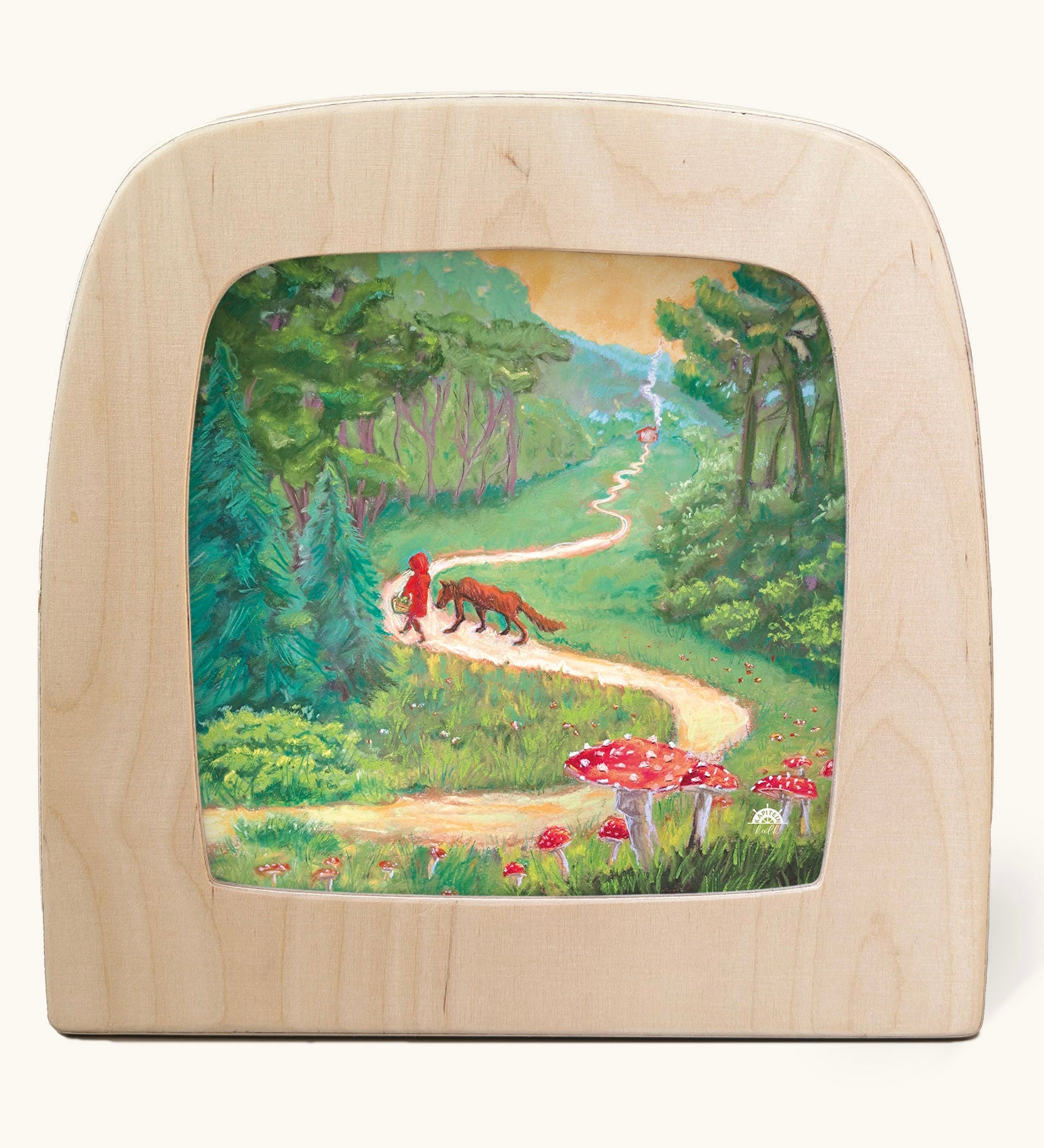 Toverlux Kapitein Kalk - Little Red Riding Hood Silhouette. A beautiful illustration featuring little red hood walking through a forest next to a wolf. 
A range of Toverlux silhouettes, lamps and accessories are available at Babipur. 