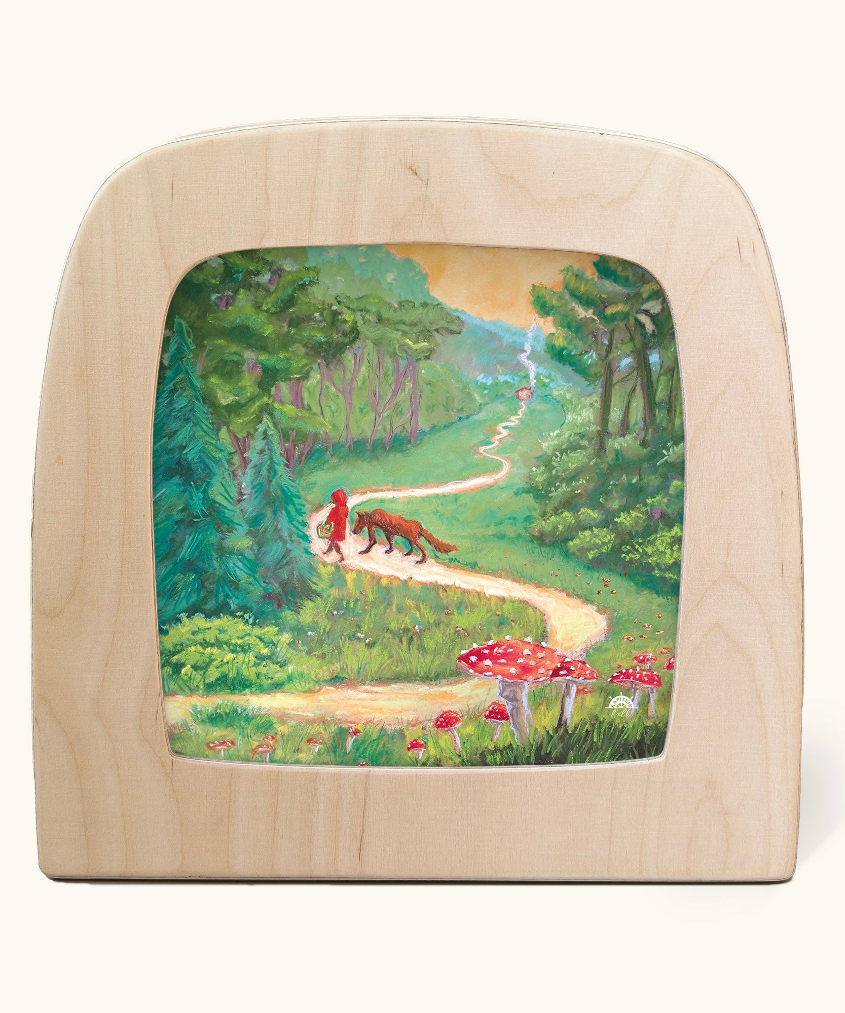 Toverlux Kapitein Kalk - Little Red Riding Hood Silhouette. A beautiful illustration featuring little red hood walking through a forest next to a wolf. 
A range of Toverlux silhouettes, lamps and accessories are available at Babipur. 