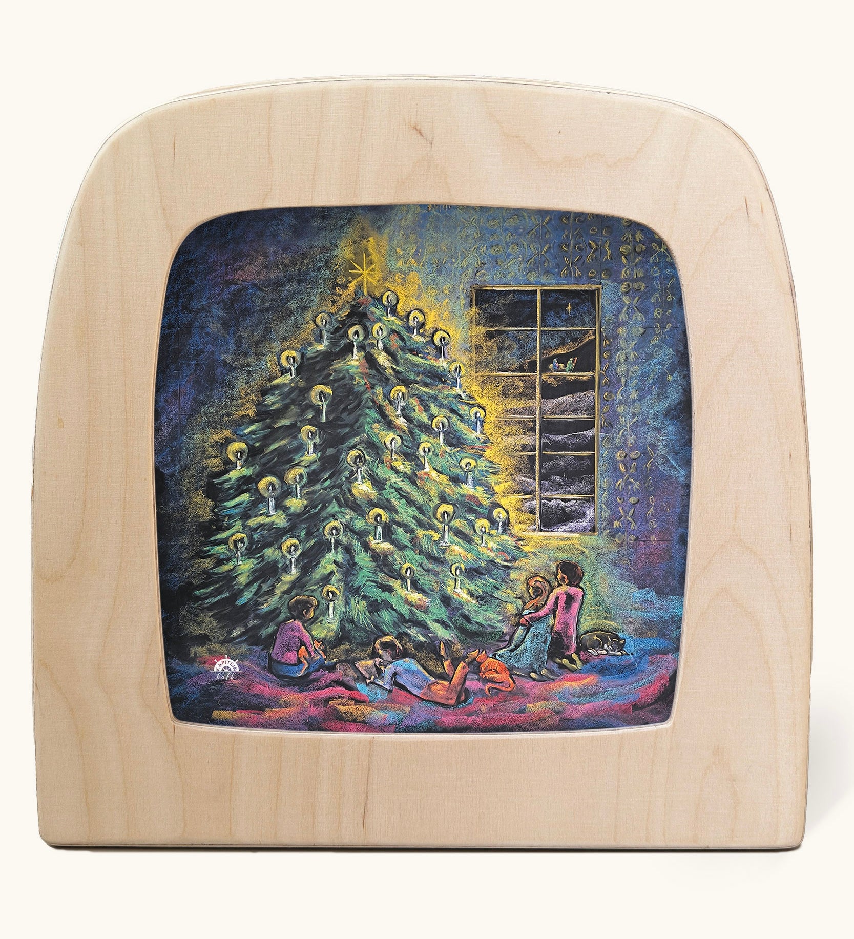 Toverlux Kapitein Kalk - chrismtas tree light Silhouette. A beautiful illustration featuring a Christmas tree with children sitting on teh floor in front of it.
A range of Toverlux silhouettes, lamps and accessories are available at Babipur.