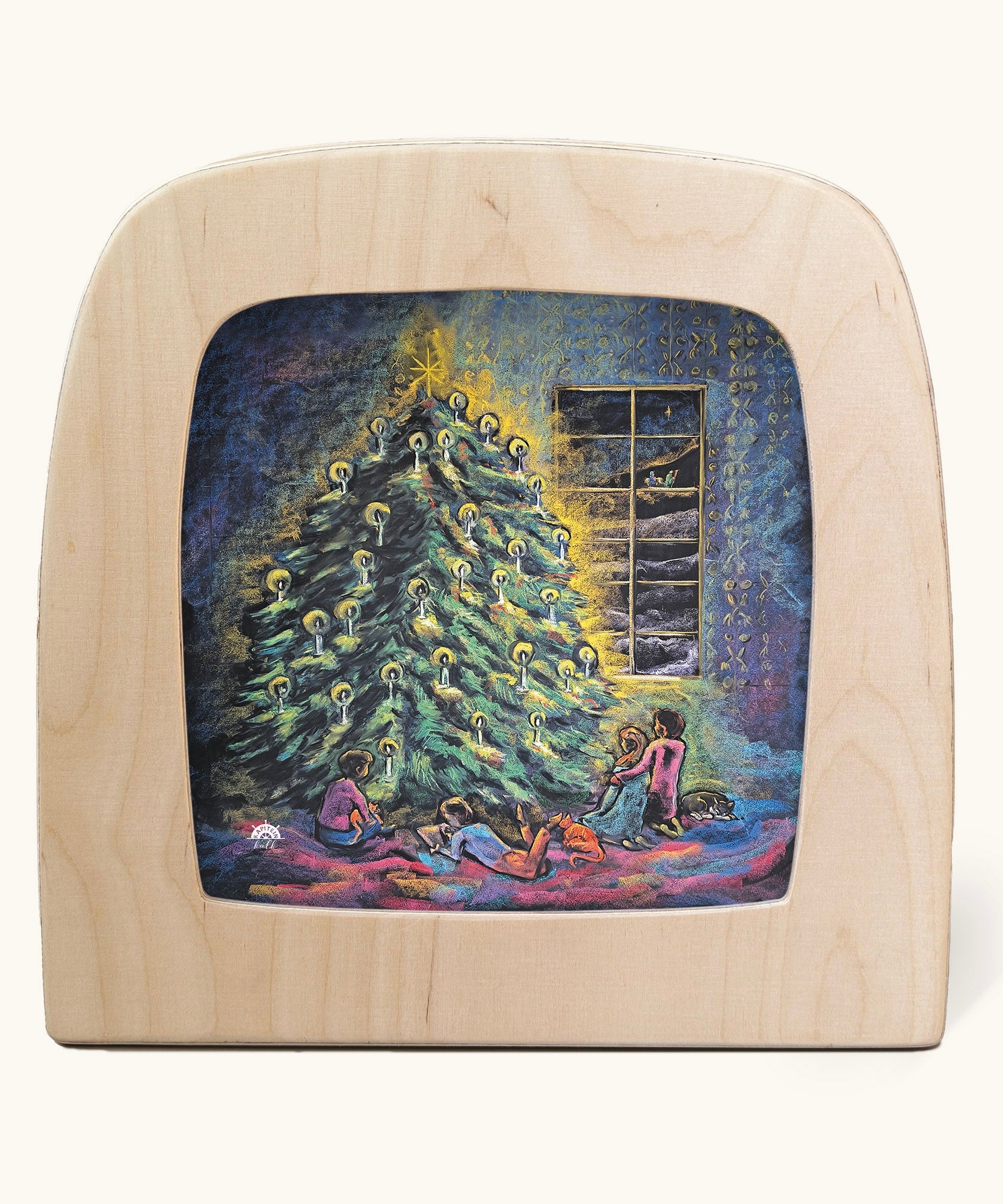 Toverlux Kapitein Kalk - chrismtas tree light Silhouette. A beautiful illustration featuring a Christmas tree with children sitting on teh floor in front of it.
A range of Toverlux silhouettes, lamps and accessories are available at Babipur.