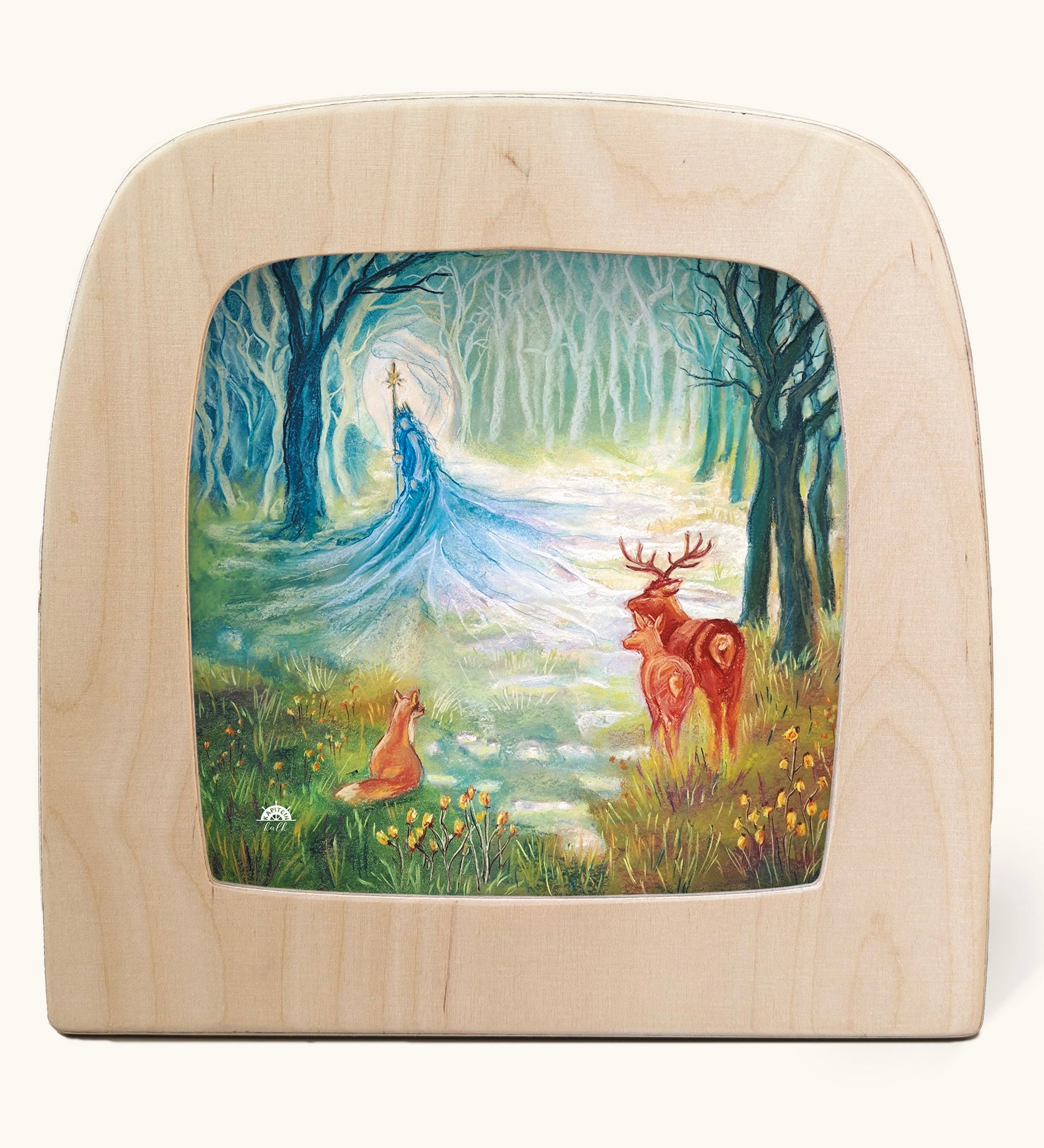 Toverlux Kapitein Kalk - Winter King in Forest Silhouette placed in a magic lamp placed on a table. A beautiful illustration featuring little red hood walking through a forest next to a wolf. 
A range of Toverlux silhouettes, lamps and accessories are available at Babipur.