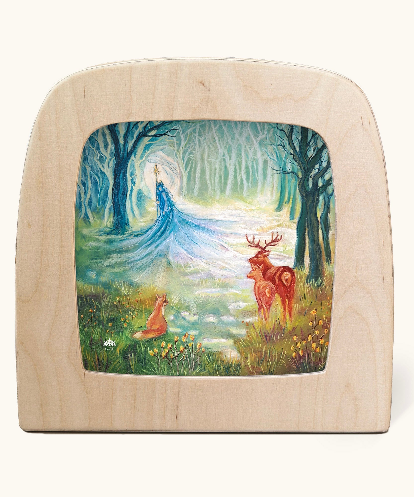 Toverlux Kapitein Kalk - Winter King in Forest Silhouette placed in a magic lamp placed on a table. A beautiful illustration featuring little red hood walking through a forest next to a wolf. 
A range of Toverlux silhouettes, lamps and accessories are available at Babipur.