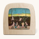 Toverlux magic lamp with a Sibylle Von Olfer Winter silhouette inside, both available at Babipur. Illustration showing a group of children underground cleaning little creatures.