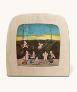 Toverlux magic lamp with a Sibylle Von Olfer Winter silhouette inside, both available at Babipur. Illustration showing a group of children underground cleaning little creatures.
