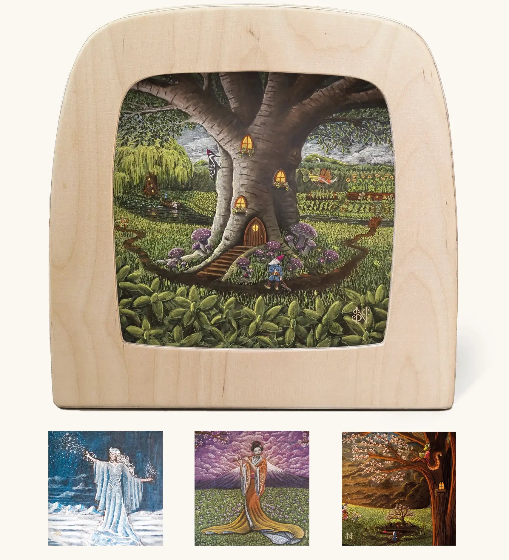 A Toverlux Magic Lamp Silhouette with Artwork By Nathaniel Santa Cruz. The April silhouette is shown in the lamp with October, November and Snow Queen underneath