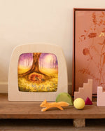 Toverlux Magic Wooden Lamp with artwork of a fox in a forest by by Bauke Exler in a room detting next to an Ostheimer running fox.