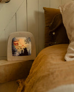 Toverlux Wooden Magic Lamp featuring Griswald artwork by Daniela Drescher, in a bedroom setting.