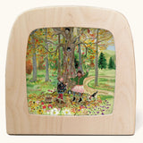 Toverlux Autumn Leaves Delight Toadstools Magic Lamp silhouette by artist Gwen van Knippenberg. A watercolour and pencil style illustration of children dancing under a tree whilst leaves are falling down around them.