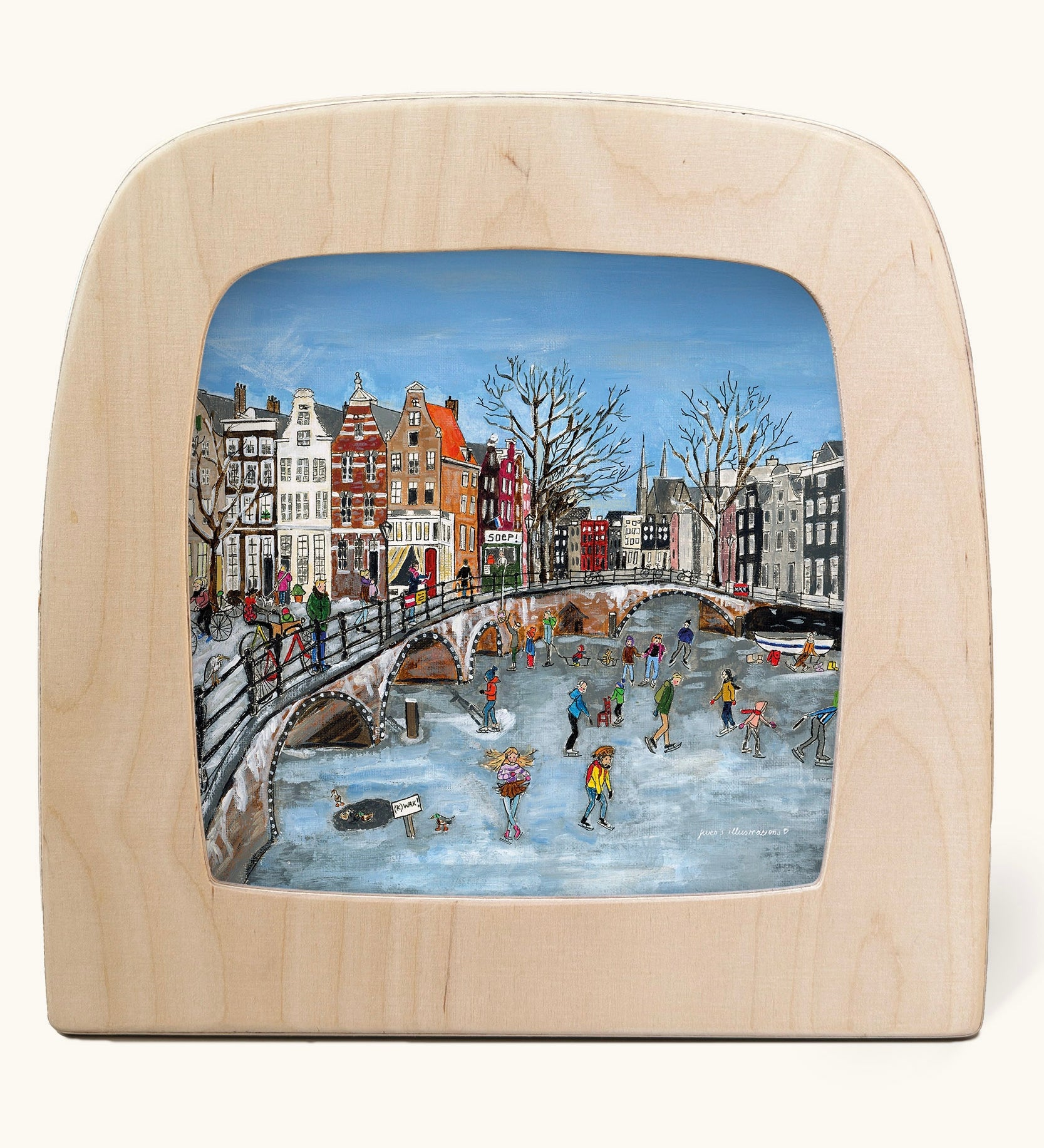 Toverlux Winter canal ice skating Magic Lamp silhouette by artist Gwen van Knippenberg. A watercolour and pencil style illustration of people ice skating on a canal under a bridge.