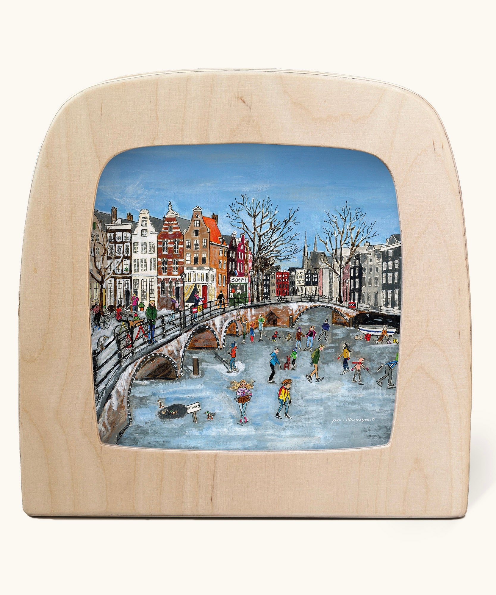 Toverlux Winter canal ice skating Magic Lamp silhouette by artist Gwen van Knippenberg. A watercolour and pencil style illustration of people ice skating on a canal under a bridge.