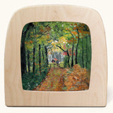 Toverlux Autumn Leaves Stroll Magic Lamp silhouette by artist Gwen van Knippenberg. A watercolour and pencil style illustration of people sitting on a gate in the distance at the end of a path covered with fallen leaves. 