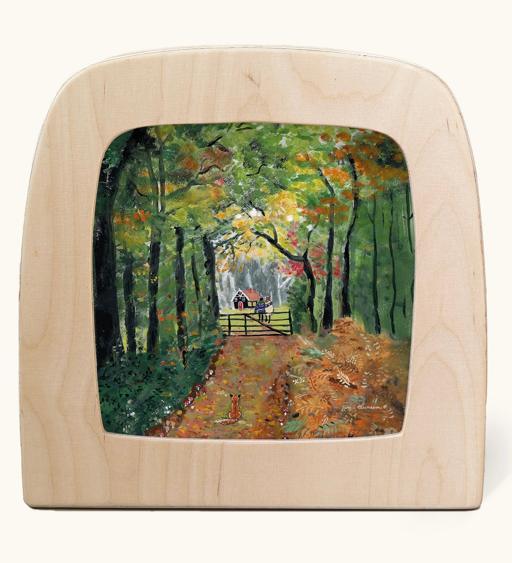 Toverlux Autumn Leaves Stroll Magic Lamp silhouette by artist Gwen van Knippenberg. A watercolour and pencil style illustration of people sitting on a gate in the distance at the end of a path covered with fallen leaves. 