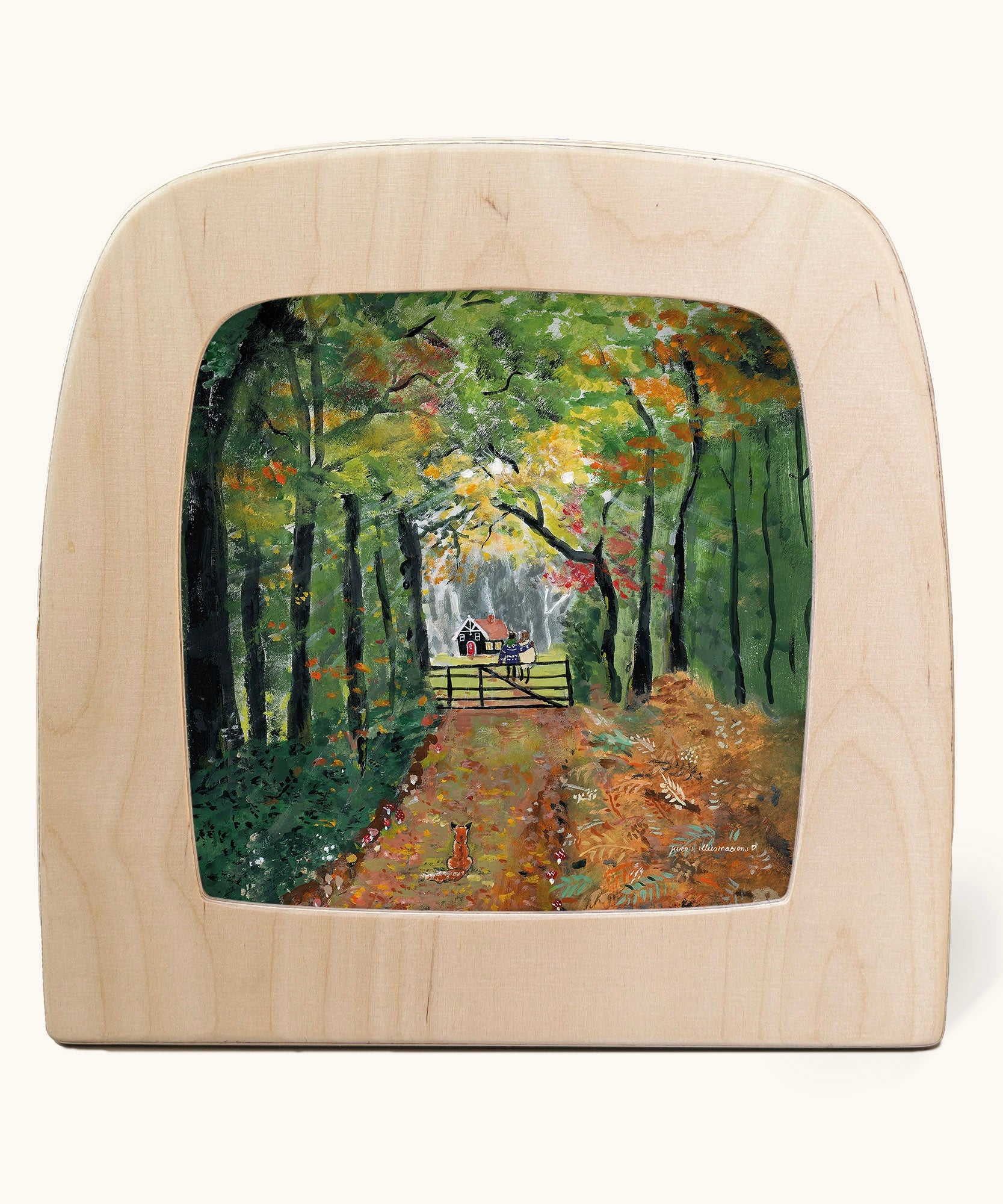Toverlux Autumn Leaves Stroll Magic Lamp silhouette by artist Gwen van Knippenberg. A watercolour and pencil style illustration of people sitting on a gate in the distance at the end of a path covered with fallen leaves. 