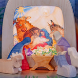 Toverlux nativity scene layered advent story silhouettes available at Babipur surrounded by various Ostheimer wooden nativity figures