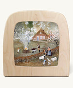 Bonfire Toverlux Magic Lamp silhouette inside a wooden magic lamp. Artwork By Robin-Pieterse. A delicate painting style illustration of a family outside with the father with a wheelbarrow filled with food for a fire. This silhouette is available at Babipur