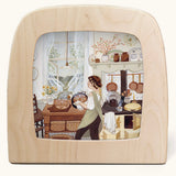 SourdoughToverlux Magic Lamp silhouette inside a wooden magic lamp. Artwork By Robin-Pieterse. A delicate painting style illustration of a woman baking bread in the kitchen with the window open. This silhouette is available at Babipur