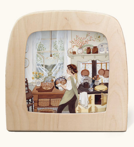 SourdoughToverlux Magic Lamp silhouette inside a wooden magic lamp. Artwork By Robin-Pieterse. A delicate painting style illustration of a woman baking bread in the kitchen with the window open. This silhouette is available at Babipur