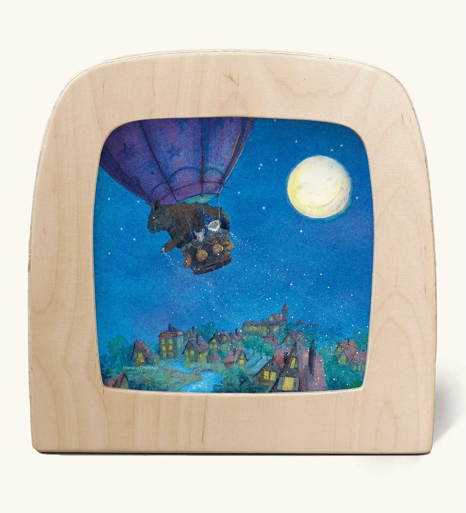 Toverlux silhouette of hot air balloon flying during a full moon, a scene from Daniela Drescher's children's book, Goodnight Sandman.