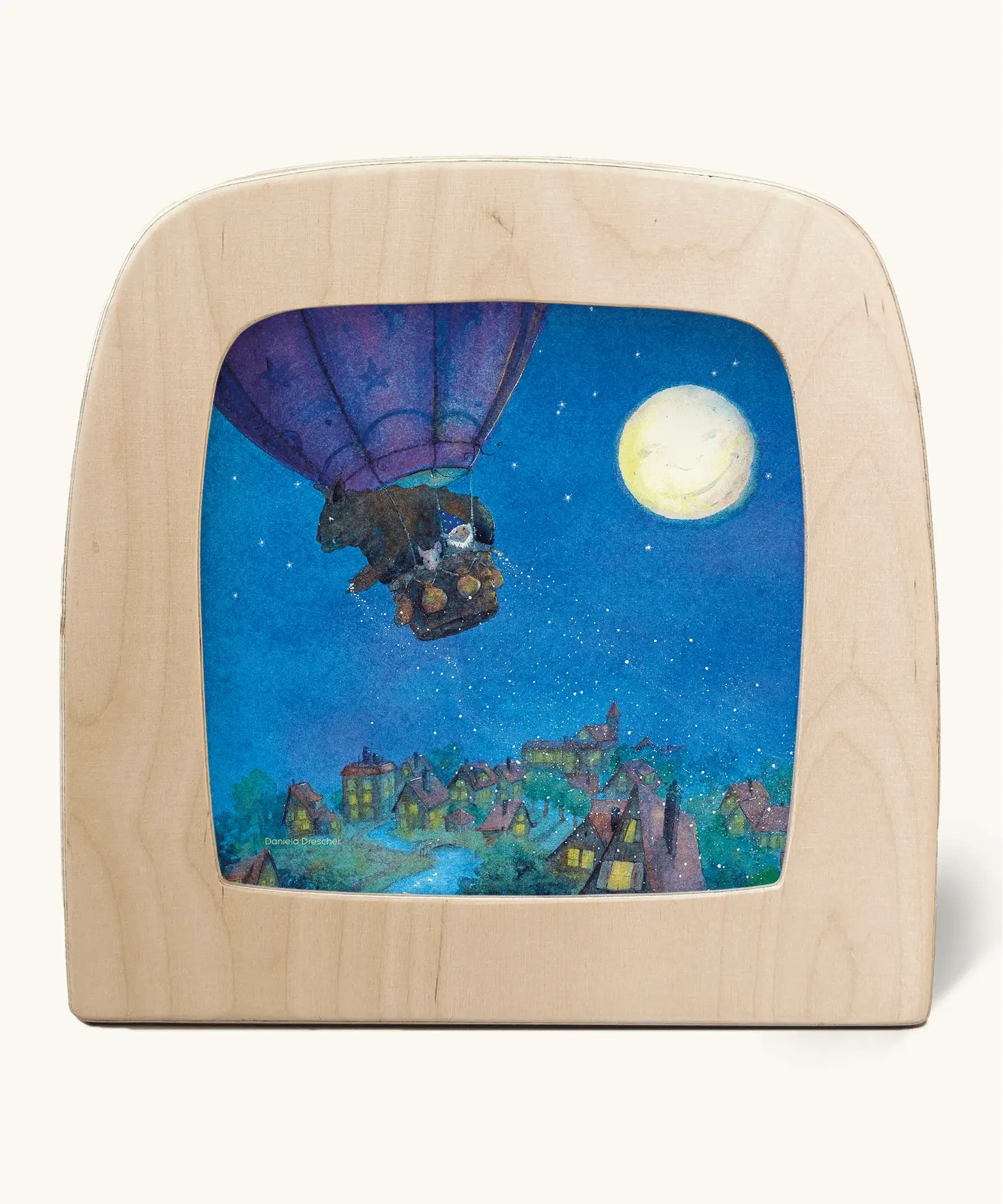 Toverlux silhouette of hot air balloon flying during a full moon, a scene from Daniela Drescher's children's book, Goodnight Sandman.