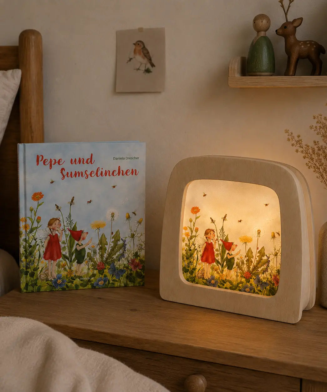 Toverlux Storylux sets including 4 silhouettes of Pepe and Sumselinchen by Daniela Drescher: wildflowers, with mole, butterfly and nighttime nest.