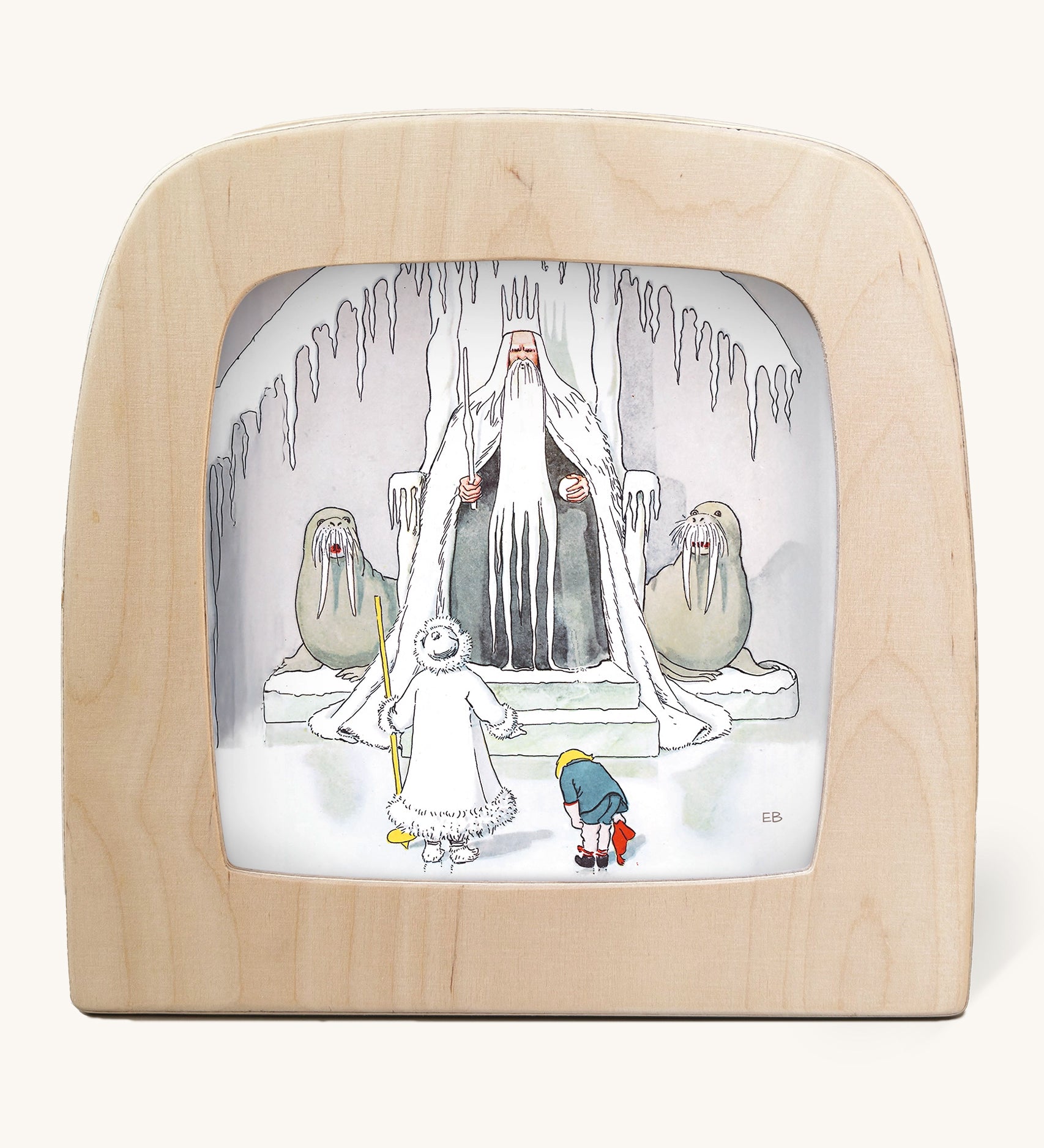 An illustration of a child meeting the Snow King with Jack Frost from Ollie's Ski Trip Toverlux StoryLux Silhouette Sets, by Elsa Beskow. The illustration is inside a Magic Lamp on a cream background