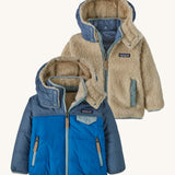 Patagonia Baby Reversible Tribbles Hoody - Endless Blue with light, medium and dark blue outer, and blue details on the reversible fleece inner