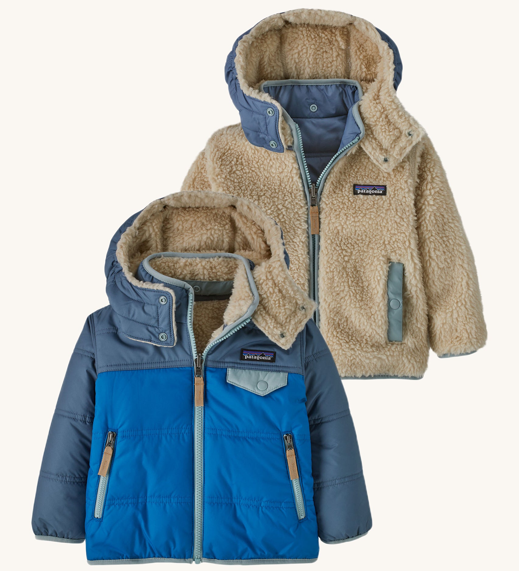 Patagonia Baby Reversible Tribbles Hoody - Endless Blue with light, medium and dark blue outer, and blue details on the reversible fleece inner