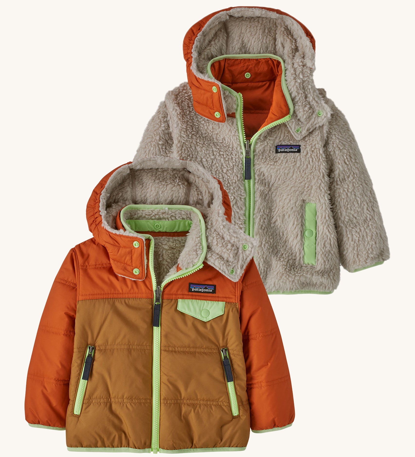 Patagonia Baby Reversible Tribbles Hoody - Nest Brown, with orange-brown and light green outer, and orange and light green details on the inner reversible fleece side