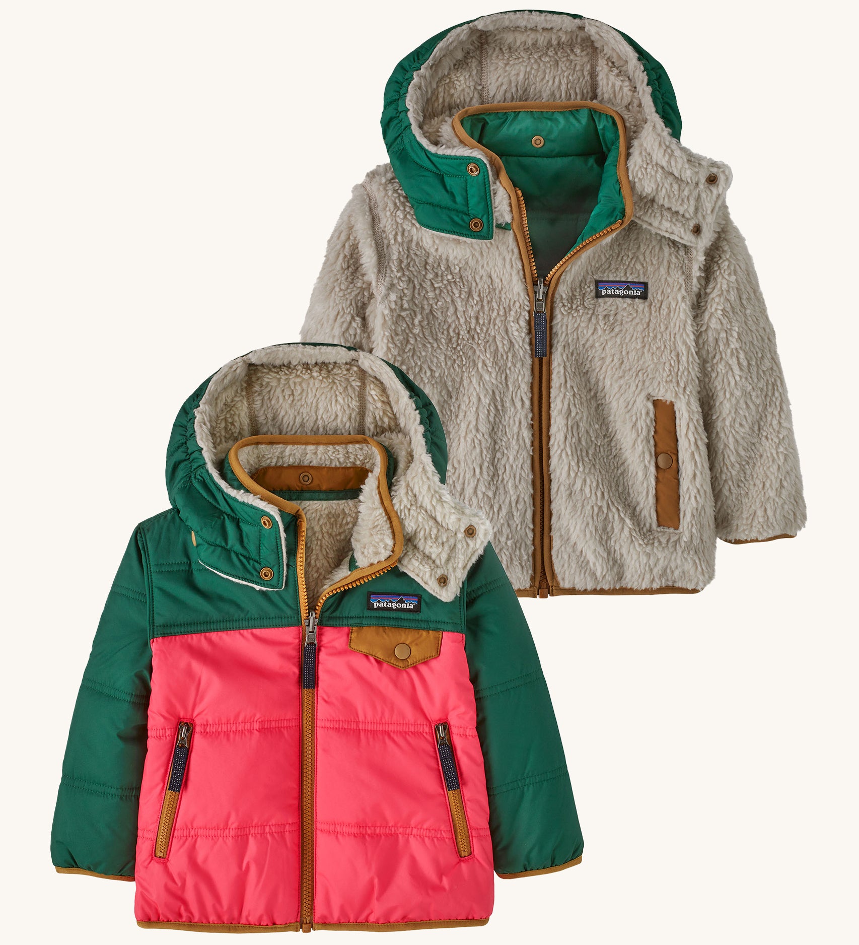 Patagonia Baby Reversible Tribbles Hoody -  Sierra Pink. With a green, pink and dark gold outer, and a green and dark gold inner on the fleece lining