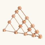 A triangluar structure showing the different poles and corner blocks from the trigonos wooden medium construction kit