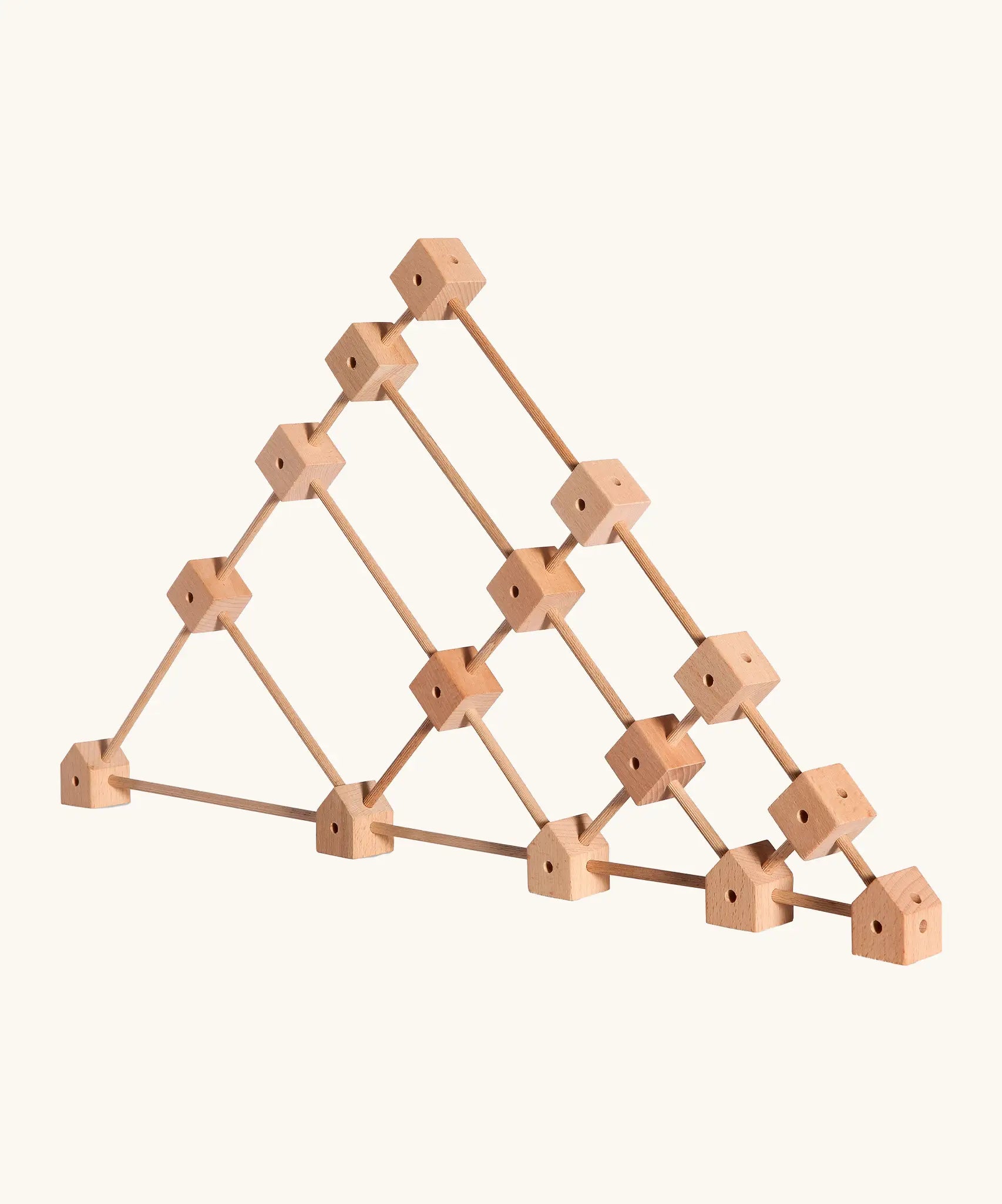 A triangluar structure showing the different poles and corner blocks from the trigonos wooden medium construction kit