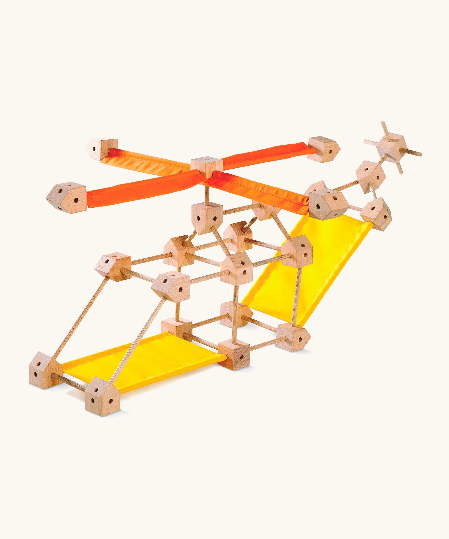 A helictopter made from various wooden poles and blocks out of the Trigonos mini large construction set 