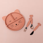 Trixie Animal Friends Silicone Cutlery Set - 3 Pack, spoon, fork and knife in Mrs Cat with a matching silicone divider plate. 