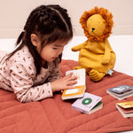 Child laying on a blanket with a lion cuddly toy reading Trixie Little Library board books.