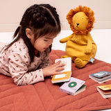 Child laying on a blanket with a lion cuddly toy reading Trixie Little Library board books.