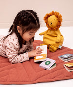 Child laying on a blanket with a lion cuddly toy reading Trixie Little Library board books.