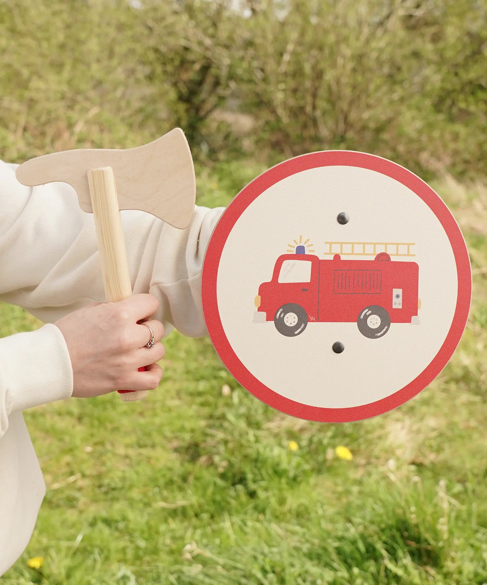 VAH fire fighter wooden toy shield set with mini axe for dress up.