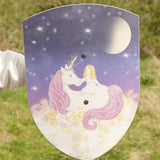 VAH wooden toy shield, Luna with purple unicorn on purple night sky background, for pretend play battles.