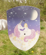 VAH wooden toy shield, Luna with purple unicorn on purple night sky background, for pretend play battles.