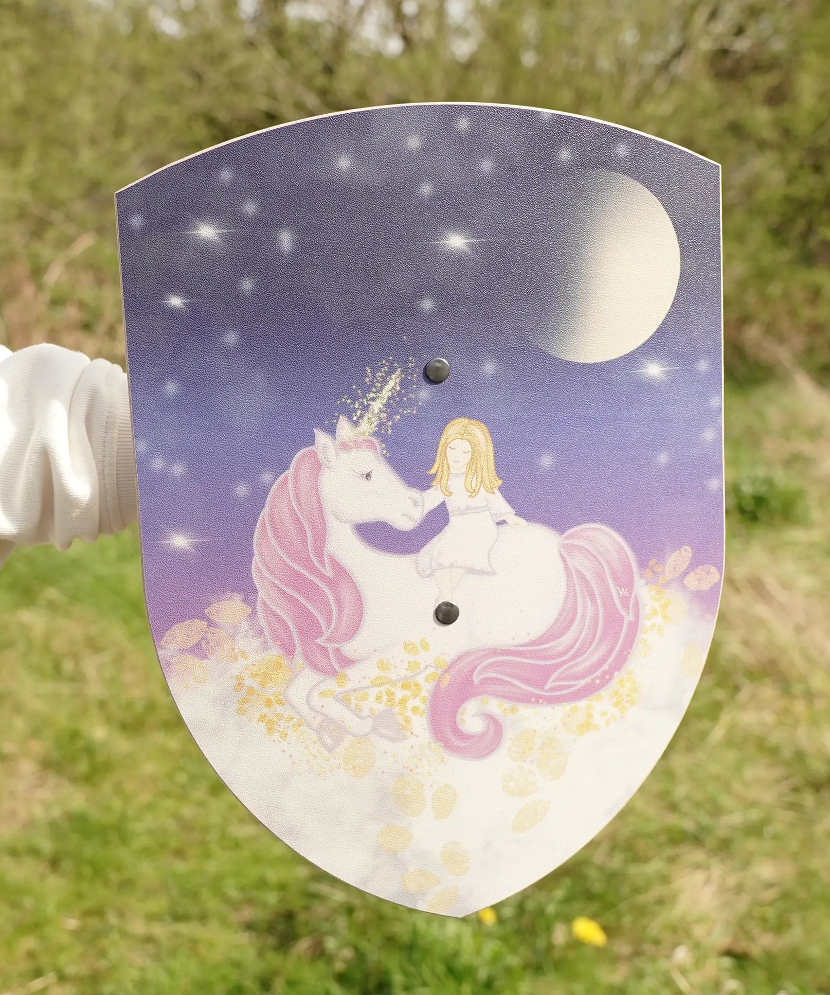 VAH wooden toy shield, Luna with purple unicorn on purple night sky background, for pretend play battles.