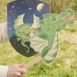 VAH wooden dragon hobby horse toy in green, fire-breathing, with Mika toy shield in blue.