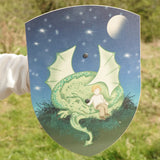 VAH wooden toy shield, Mika with green dragon on blue background with moon and stars, for pretend play battles.